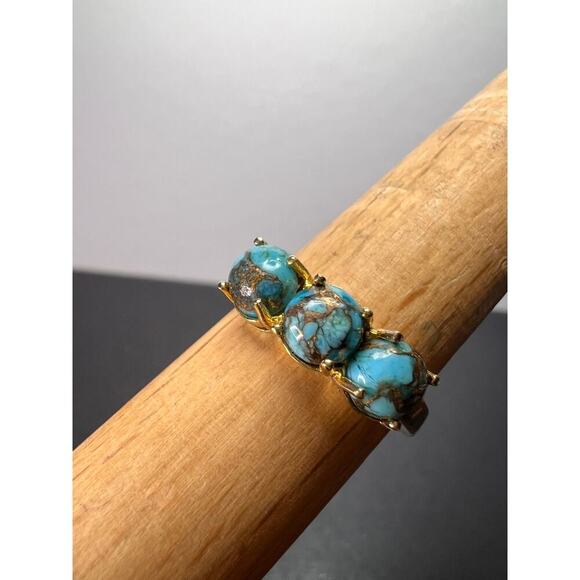 Blue composite turquoise trilogy ring in gold over sterling silver size 9 - Picture 2 of 9